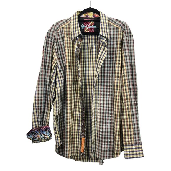 Robert Graham Plaid Woven Button-Down Shirt Contrast Paisley Cuff Collar Size XL - Picture 8 of 12
